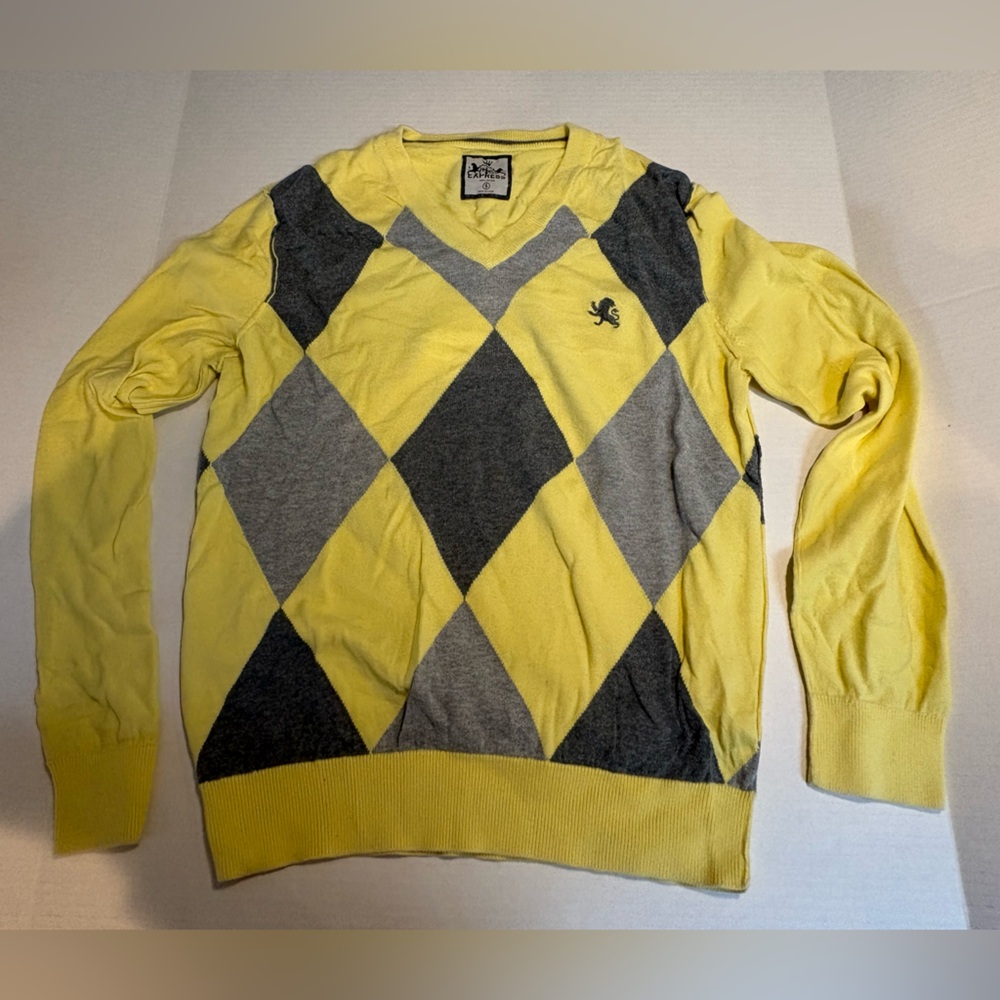 Mens Express Small Yellow Gray Argyle Vneck Sweater